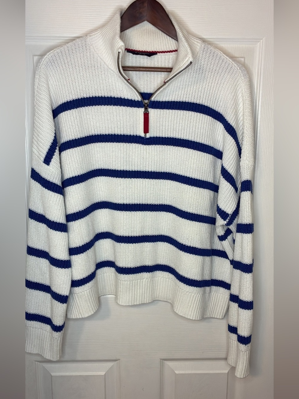 Denver Hayes White Sweater with Blue Stripes and Half-Zip